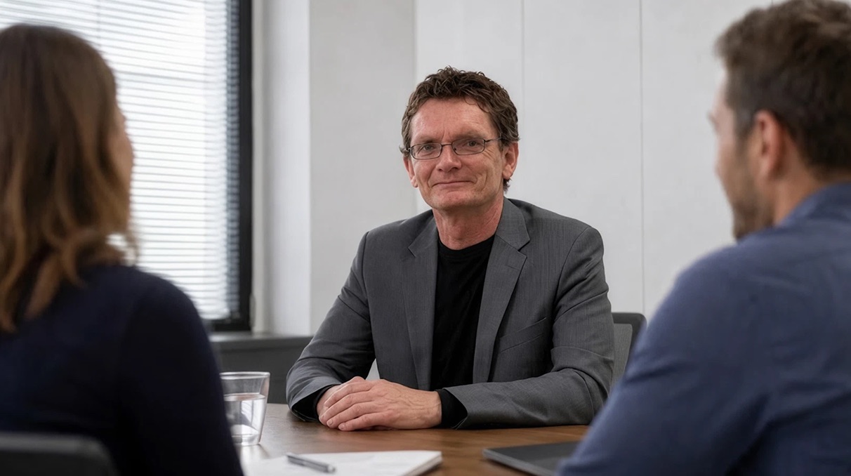Walter Kunz, Vico Lead von Nexgen, im Gespräch mit zwei Personen am Besprechungstisch